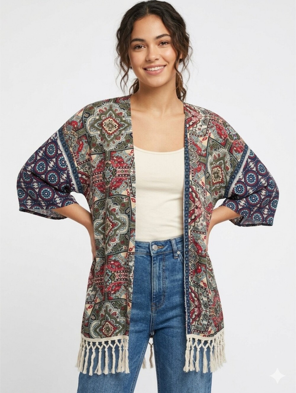 Justify Woman's Boho Style Paisley Multicolor Patchwork Kimono